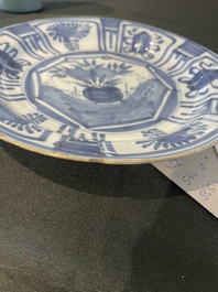 Three Dutch Delft blue and white chinoiserie plates, 17th/18th C.