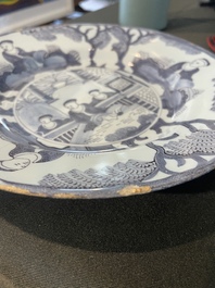 Three Dutch Delft blue and white chinoiserie plates, 17th/18th C.