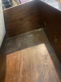 A French Louis XVI style bronze mounted wooden chest of drawers with veined grey marble top, late 19th C.