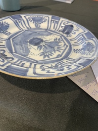 Three Dutch Delft blue and white chinoiserie plates, 17th/18th C.