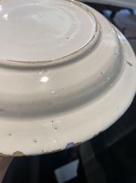 Three Dutch Delft blue and white chinoiserie plates, 17th/18th C.