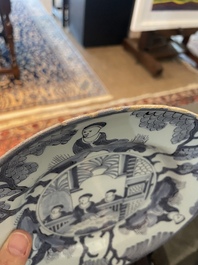 Three Dutch Delft blue and white chinoiserie plates, 17th/18th C.