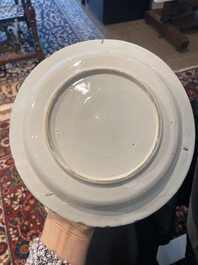 Three Dutch Delft blue and white chinoiserie plates, 17th/18th C.