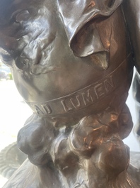 Emile Louis Picault (1833-1915): 'Ad lumen', brown patinated bronze on a vert de mer marble base, foundry mark 'E. Colin &amp; Cie Paris'