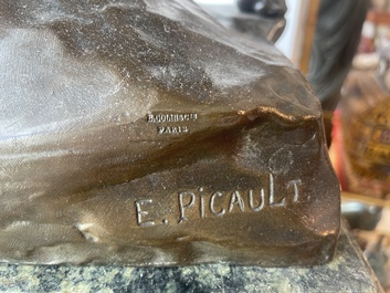 Emile Louis Picault (1833-1915): 'Ad lumen', brown patinated bronze on a vert de mer marble base, foundry mark 'E. Colin &amp; Cie Paris'