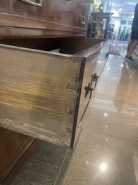 A French Louis XVI style bronze mounted wooden chest of drawers with veined grey marble top, late 19th C.