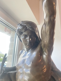 Emile Louis Picault (1833-1915): 'Ad lumen', brown patinated bronze on a vert de mer marble base, foundry mark 'E. Colin &amp; Cie Paris'