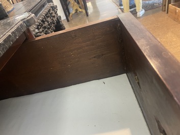 A French Louis XVI style bronze mounted wooden chest of drawers with veined grey marble top, late 19th C.