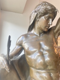 Emile Louis Picault (1833-1915): 'Ad lumen', brown patinated bronze on a vert de mer marble base, foundry mark 'E. Colin &amp; Cie Paris'
