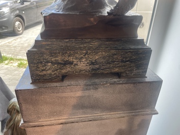 Emile Louis Picault (1833-1915): 'Ad lumen', brown patinated bronze on a vert de mer marble base, foundry mark 'E. Colin &amp; Cie Paris'
