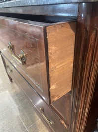 A French Louis XVI style bronze mounted wooden chest of drawers with veined grey marble top, late 19th C.