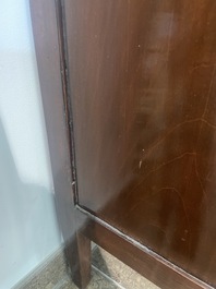 A French Louis XVI style bronze mounted wooden chest of drawers with veined grey marble top, late 19th C.