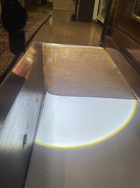 A French Louis XVI style bronze mounted wooden chest of drawers with veined grey marble top, late 19th C.