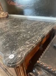 A French Louis XVI style bronze mounted wooden chest of drawers with veined grey marble top, late 19th C.