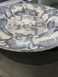 Three Dutch Delft blue and white chinoiserie plates, 17th/18th C.