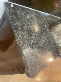 A French Louis XVI style bronze mounted wooden chest of drawers with veined grey marble top, late 19th C.