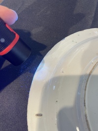 Three Dutch Delft blue and white chinoiserie plates, 17th/18th C.