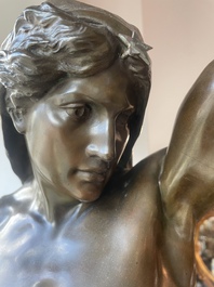 Emile Louis Picault (1833-1915): 'Ad lumen', brown patinated bronze on a vert de mer marble base, foundry mark 'E. Colin &amp; Cie Paris'
