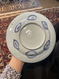 Three Dutch Delft blue and white chinoiserie plates, 17th/18th C.