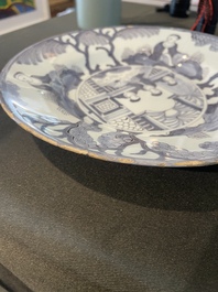 Three Dutch Delft blue and white chinoiserie plates, 17th/18th C.