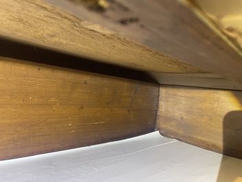 A French Louis XVI style bronze mounted wooden chest of drawers with veined grey marble top, late 19th C.