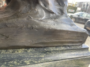 Emile Louis Picault (1833-1915): 'Ad lumen', brown patinated bronze on a vert de mer marble base, foundry mark 'E. Colin &amp; Cie Paris'