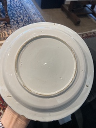 Three Dutch Delft blue and white chinoiserie plates, 17th/18th C.