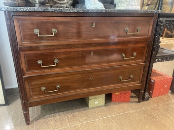 A French Louis XVI style bronze mounted wooden chest of drawers with veined grey marble top, late 19th C.