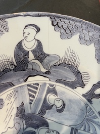 Three Dutch Delft blue and white chinoiserie plates, 17th/18th C.