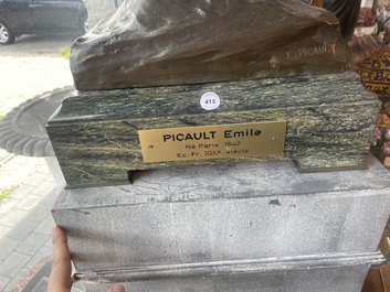 Emile Louis Picault (1833-1915): 'Ad lumen', brown patinated bronze on a vert de mer marble base, foundry mark 'E. Colin &amp; Cie Paris'