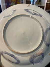 Three Dutch Delft blue and white chinoiserie plates, 17th/18th C.