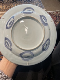 Three Dutch Delft blue and white chinoiserie plates, 17th/18th C.