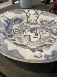 Three Dutch Delft blue and white chinoiserie plates, 17th/18th C.