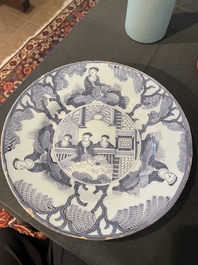 Three Dutch Delft blue and white chinoiserie plates, 17th/18th C.