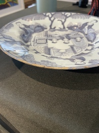 Three Dutch Delft blue and white chinoiserie plates, 17th/18th C.