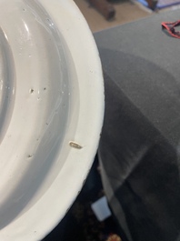 Three Dutch Delft blue and white chinoiserie plates, 17th/18th C.