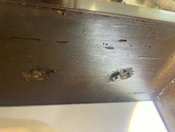 A French Louis XVI style bronze mounted wooden chest of drawers with veined grey marble top, late 19th C.