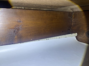 A French Louis XVI style bronze mounted wooden chest of drawers with veined grey marble top, late 19th C.