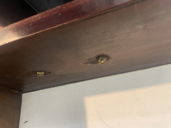 A French Louis XVI style bronze mounted wooden chest of drawers with veined grey marble top, late 19th C.