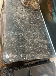 A French Louis XVI style bronze mounted wooden chest of drawers with veined grey marble top, late 19th C.