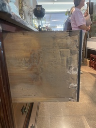 A French Louis XVI style bronze mounted wooden chest of drawers with veined grey marble top, late 19th C.