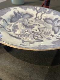 Three Dutch Delft blue and white chinoiserie plates, 17th/18th C.