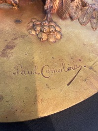 Paul Comolera (1813-1890): Plaque &agrave; d&eacute;cor en relief d'un oiseau sur une branche fleurie, bronze dor&eacute;