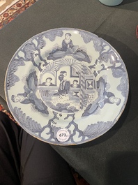 Three Dutch Delft blue and white chinoiserie plates, 17th/18th C.