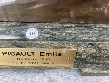 Emile Louis Picault (1833-1915): 'Ad lumen', brown patinated bronze on a vert de mer marble base, foundry mark 'E. Colin &amp; Cie Paris'