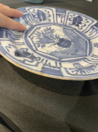 Three Dutch Delft blue and white chinoiserie plates, 17th/18th C.