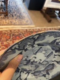 Three Dutch Delft blue and white chinoiserie plates, 17th/18th C.