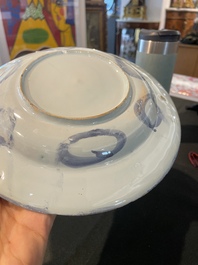 Three Dutch Delft blue and white chinoiserie plates, 17th/18th C.