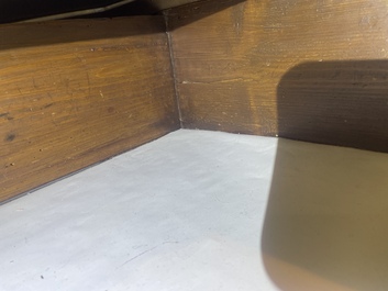 A French Louis XVI style bronze mounted wooden chest of drawers with veined grey marble top, late 19th C.