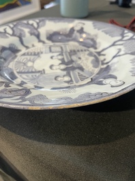 Three Dutch Delft blue and white chinoiserie plates, 17th/18th C.